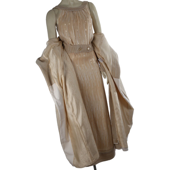 CHANEL 01A Fall 01 Beige 2 Piece Sleeveless Sequin Dress Maxi Tweed Coat Suit 38 - Picture 2 of 16